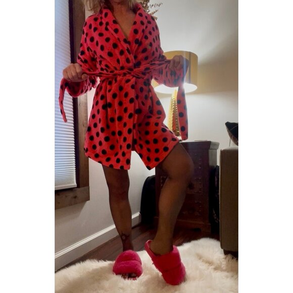 Victoria's Secret Bright PINK Women's XS Polka Dot Thick Soft Fleece Robe - Picture 2 of 16